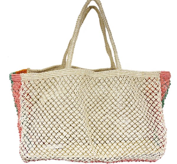 Oversize jute beach bag - pastel stripe trim - Image 2
