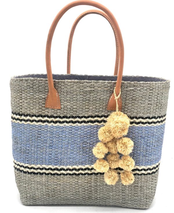 Blue sisal basket bag - with pom - Image 2
