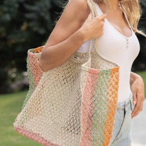 Oversize jute beach bag - pastel stripe trim
