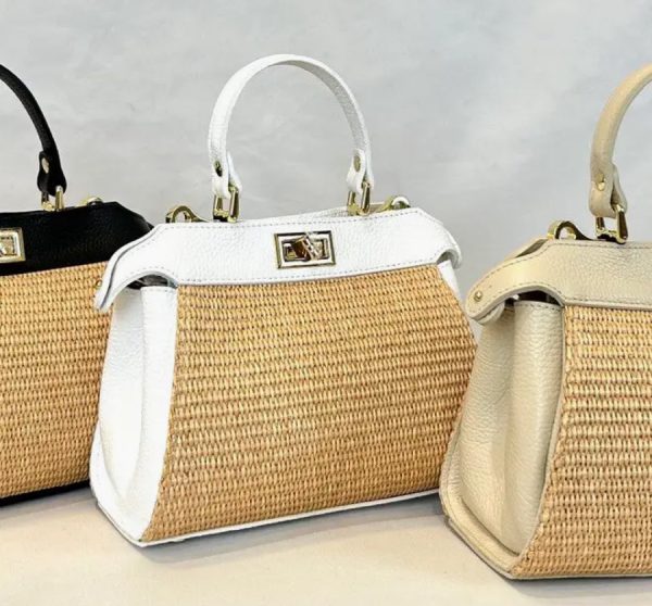 Italian Leather and Rafia Handbag - Made in Italy