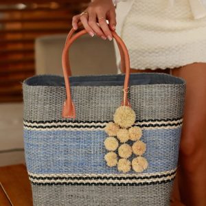 Blue sisal basket bag - with pom